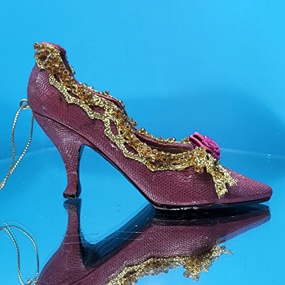 Victorian Purple Shoe Ornaments with Roses Gold Trim Ribbons Old Hollywood Style - Picture 5 of 10